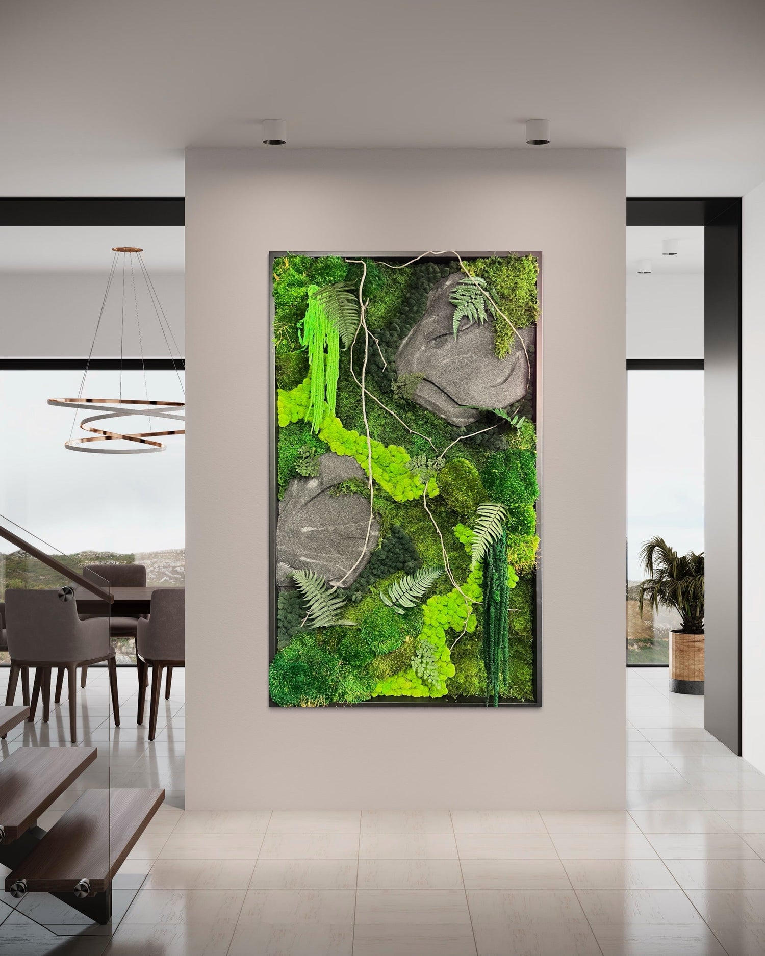 Handcrafted rock sculpture designed by James Ammann, covered in fine sand and preserved moss to create a bold, masculine form inspired by natural stone and rugged landscapes.