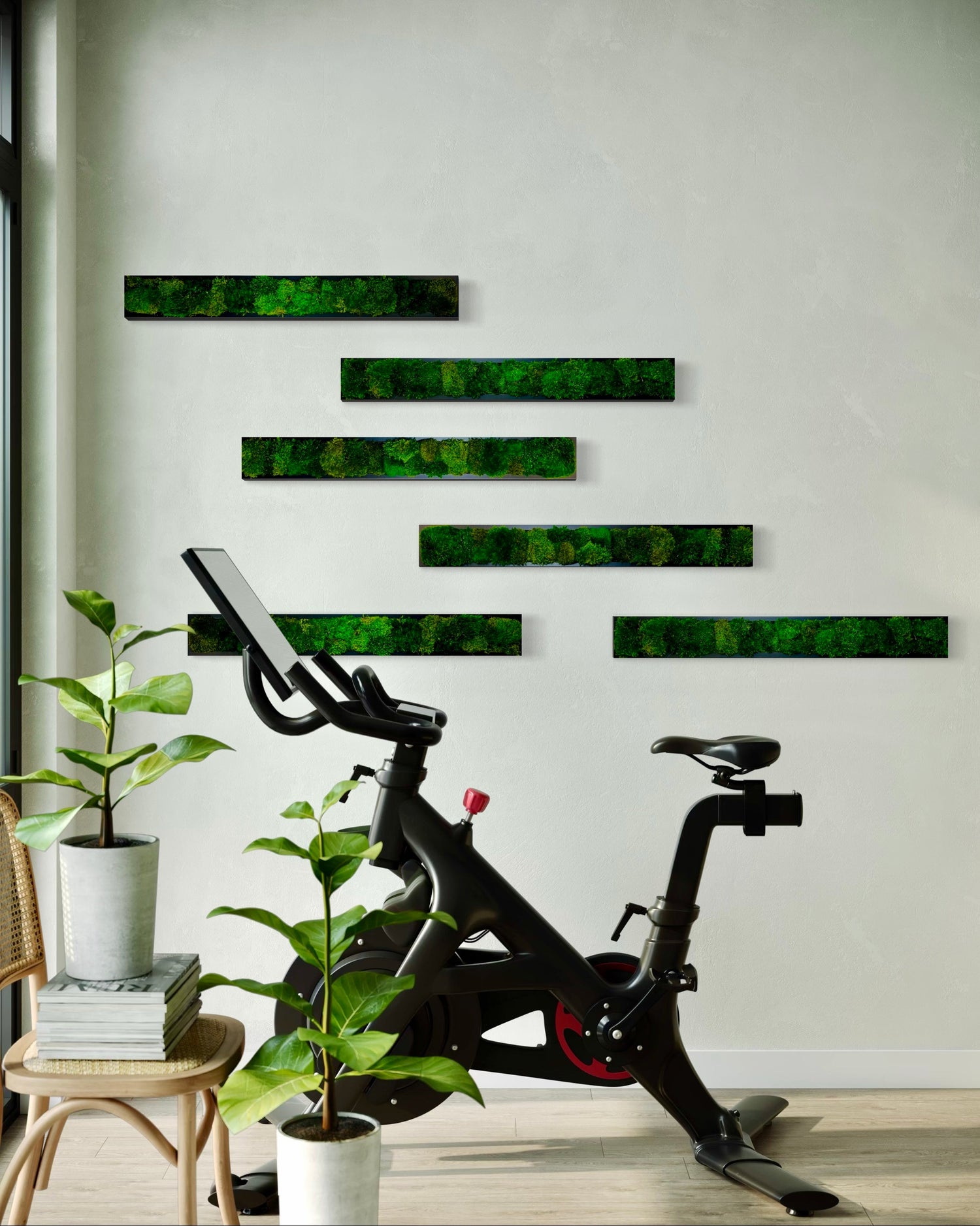 Handcrafted moss panel featuring lush preserved moss in a sleek modern frame, designed by James Ammann; adds natural texture and organic warmth to interior walls. By Moss Art Installations