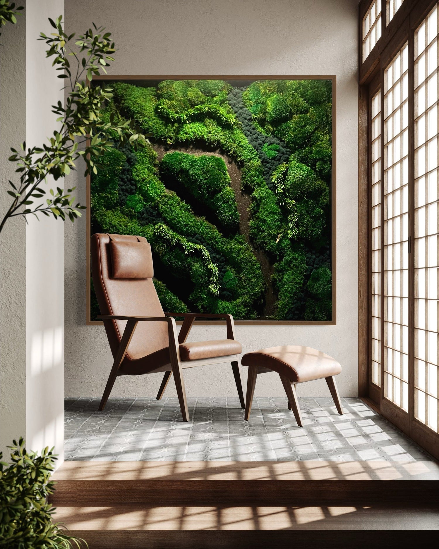 Moss art from the Meadows Collection, designed by James Ammann, featuring preserved moss and flowing Congo grass to create soft, natural textures inspired by open landscapes like Zen Meadows, Whisper Meadows, and Beach Meadows. Moss Art Installations