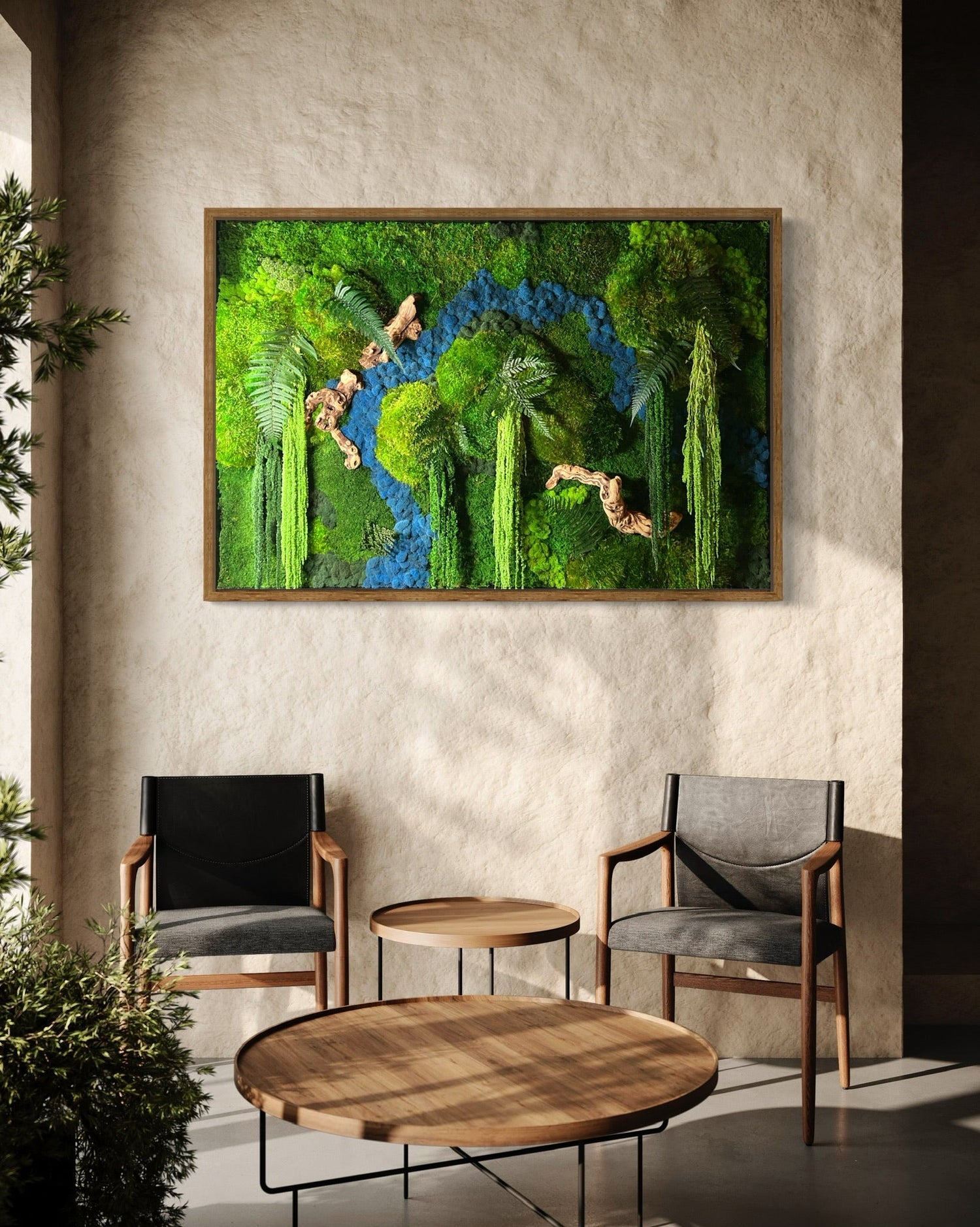 Moss art from the Blue-Hued Collection by James Ammann, featuring preserved blue reindeer moss and natural textures in flowing compositions inspired by rivers and water landscapes like Rio Azul and Enchanting River.